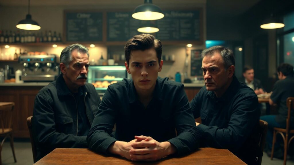 a young man sitting at a table in a cafe with two older men sitting behind him