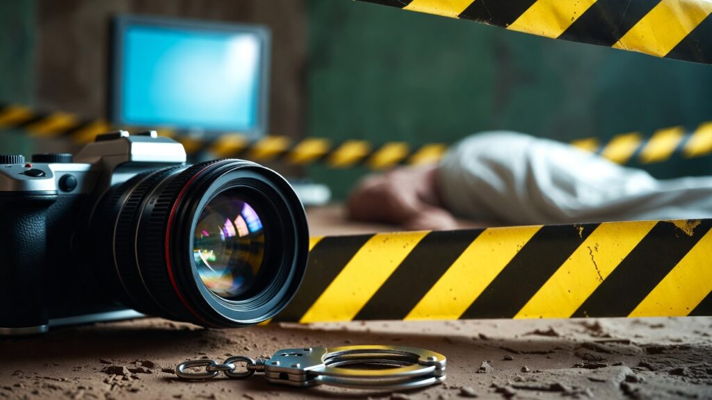 A crime scene is depicted showing a dead body, yellow tape, hand cuffs, and a camera