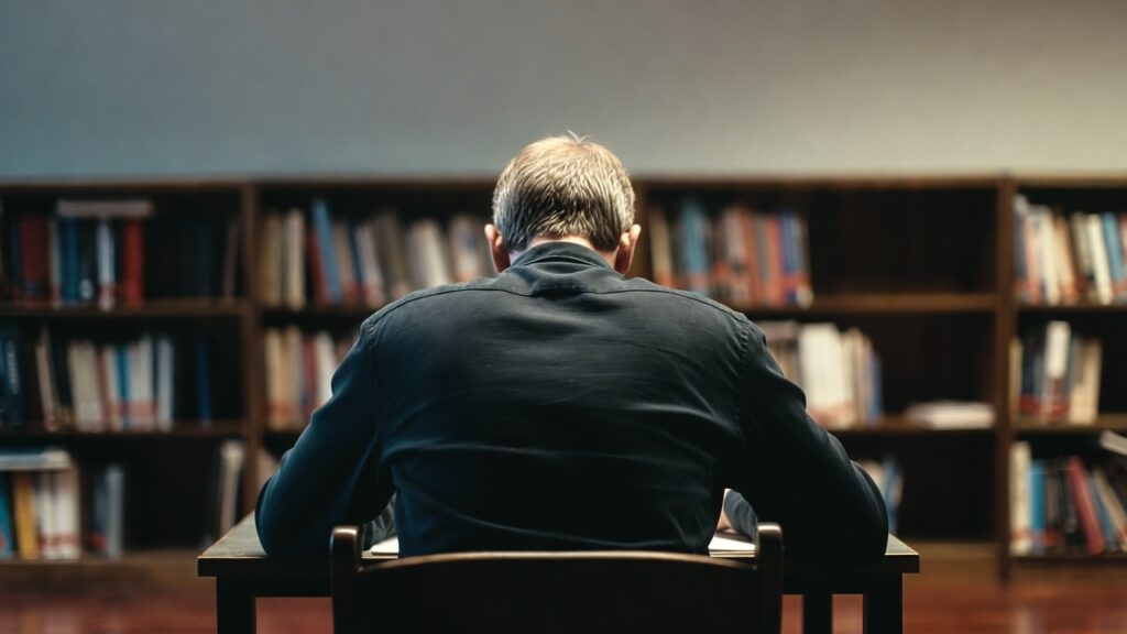 a reader immersed in a book in a library