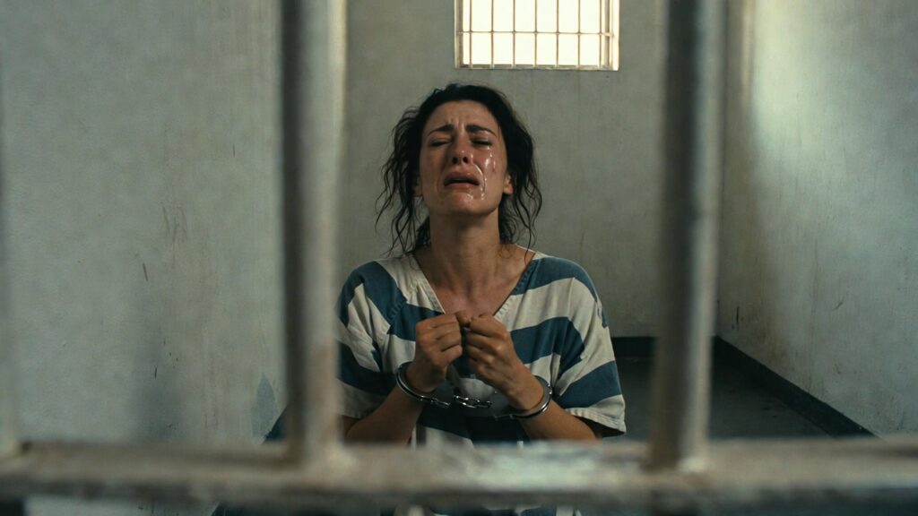 Death Row by Freida McFadden - A Suspenseful Thriller a woman sitting inside a prison cell, crying