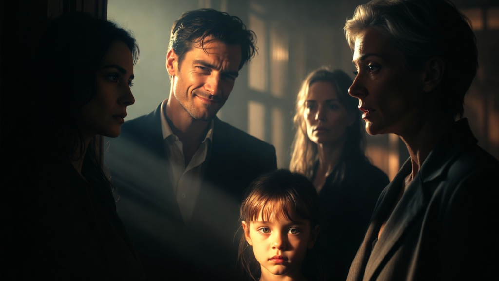 The Cheating Husband by James Caine - A Story of Infidelity and Rage A man in his 30s surrounded by three women and a girl child, all standing in a dark space