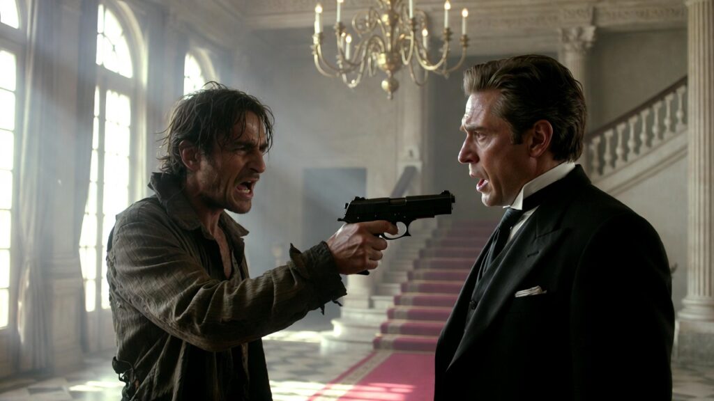 A seemingly sick, angry man pointing a gun at a seemingly rich man