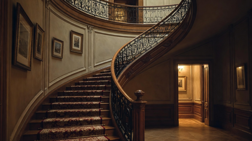 a staircase in somewhat dimly lit hall connecting two floors in a sophisticated villa