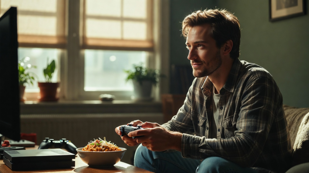 a man sitting alone in an apartment, playing video games, looking happy