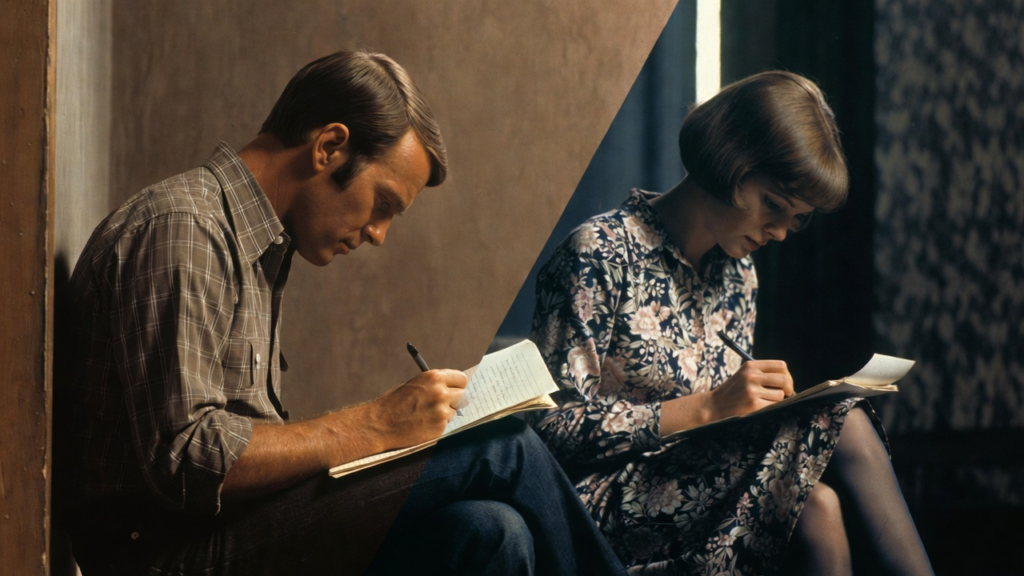 A man and a woman are seen writing letters
