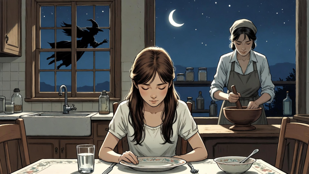 My Evil Mother: A Short Story by Margaret Atwood a girl sitting at the dinner table, as her mother is grinding some herbs in their kitchen, as a witch-like figure passes by their home