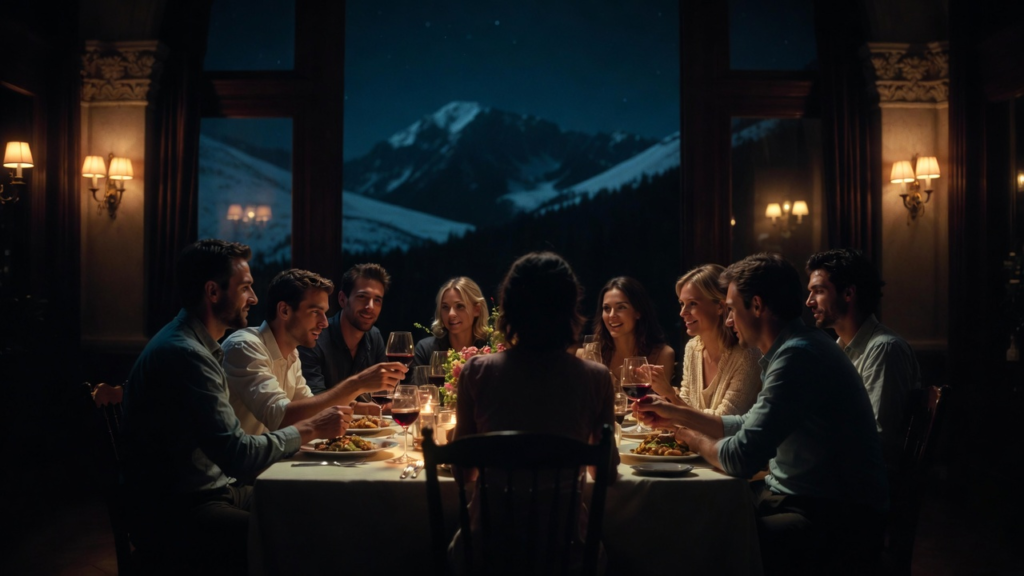 a group of friends dine and wine in a house, with snow-covered mountains outside the house