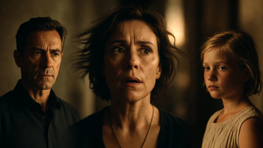 a poster showing a middle-aged woman looking shocked, a amiddle-aged man, and a young girl