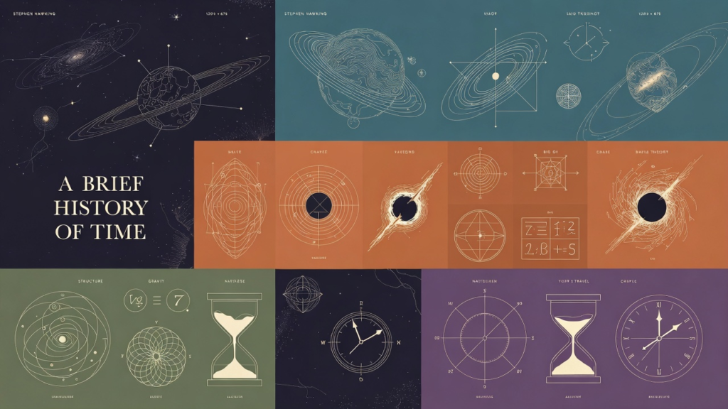a poster showing different blocks in different colours with objects like planets, rings of planets, orbits, subatomic particles, clocks, sandclocks, and such.