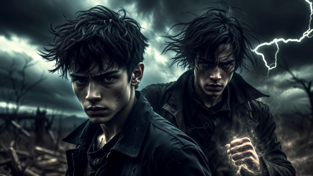 an image showing two young men with serious expressions with the deserted, abnormal background