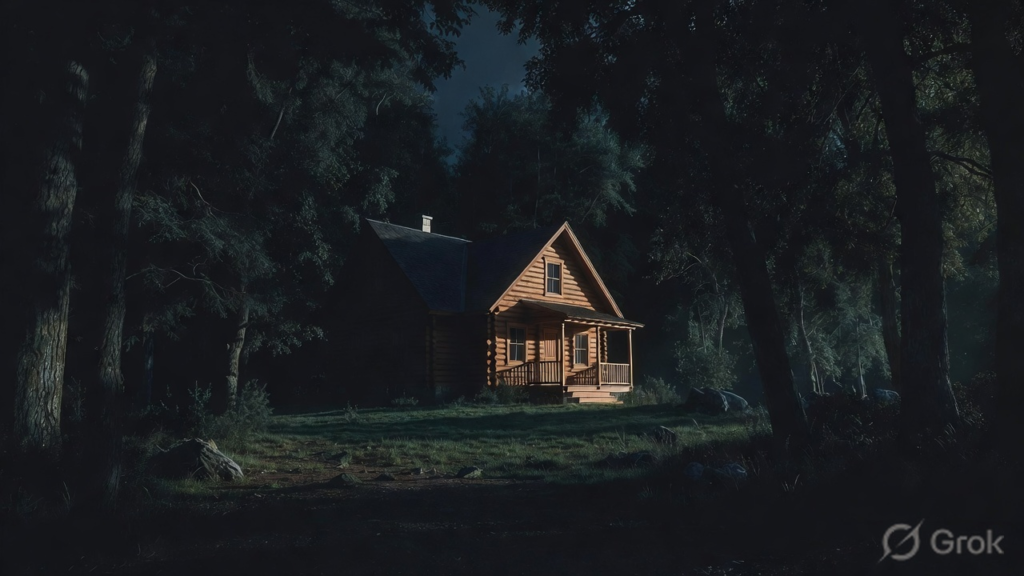 a house in the middle of a forst at night