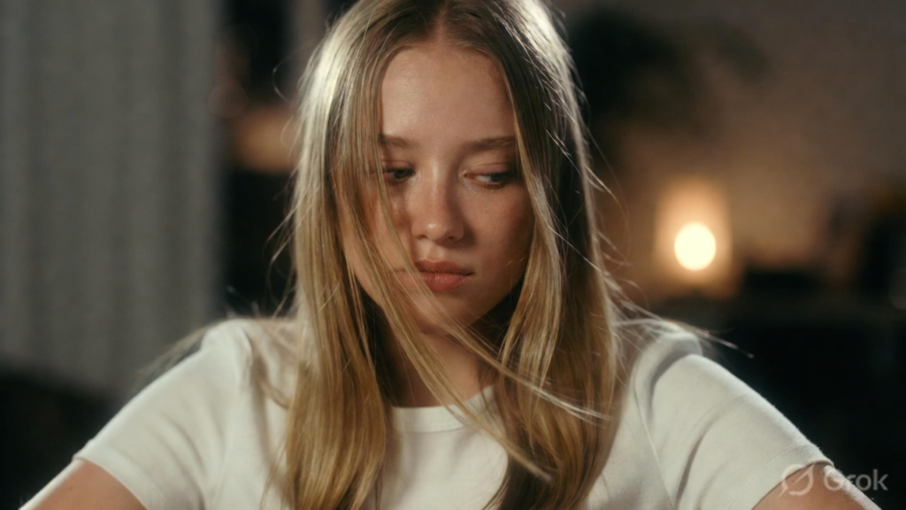 a young, blonde girl, looking tired