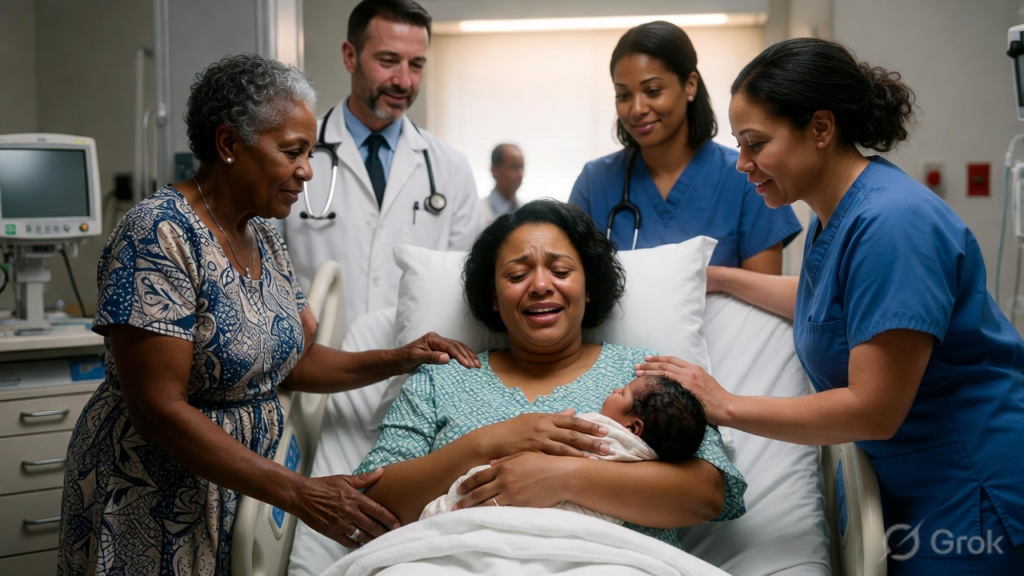 a woman holds her newborn baby in her arms in a hospital bed, with her mother and the staff around her