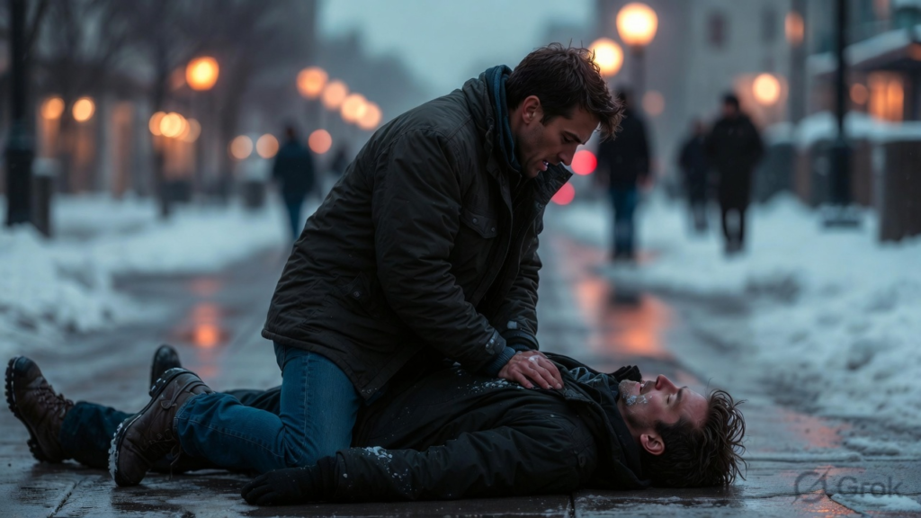 a white man giving another white man CPR on a sidewalk on a snowy evening