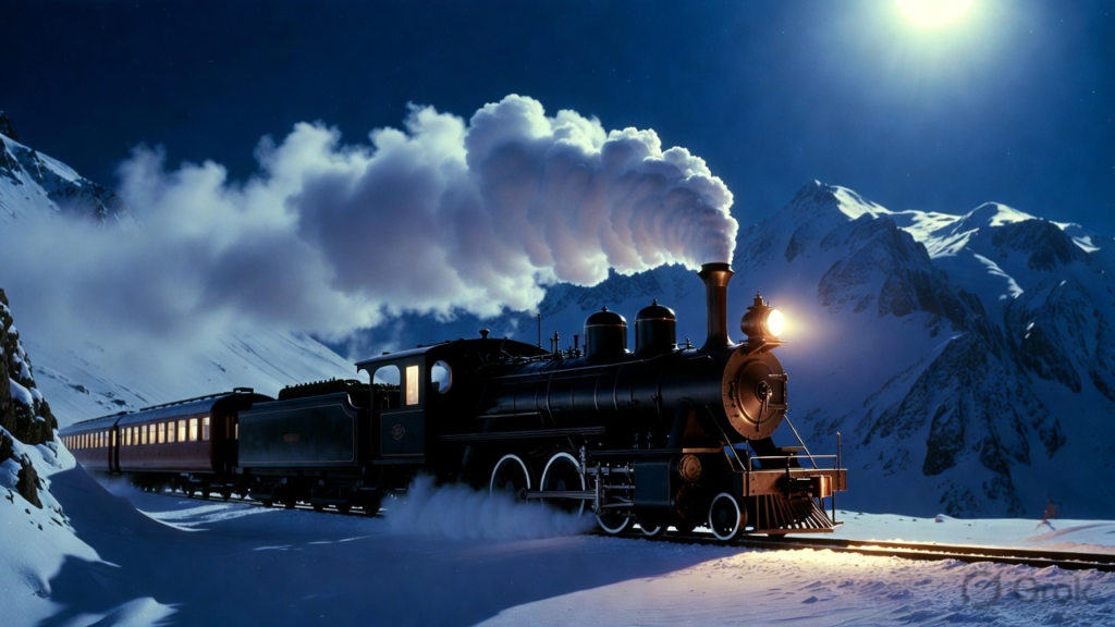 an olden-day train travelling through a snow-covered mountain range