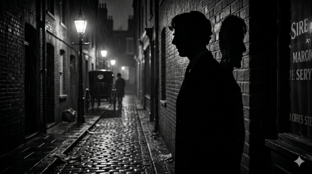 Sherlock Holmes standing on the side of street in olden day London