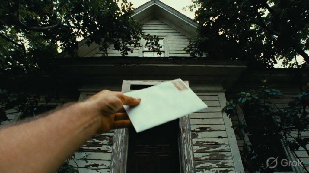 a hand holding a letter in front of an old, ruined house
