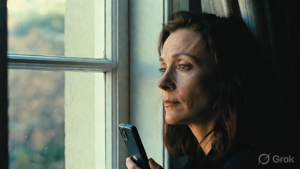 an old woman, holding a phone in her hand, staring outside the window