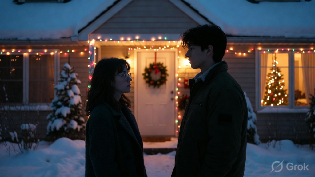 A young woman and a young man stand facing each other in front of a house on a snowy winter evening