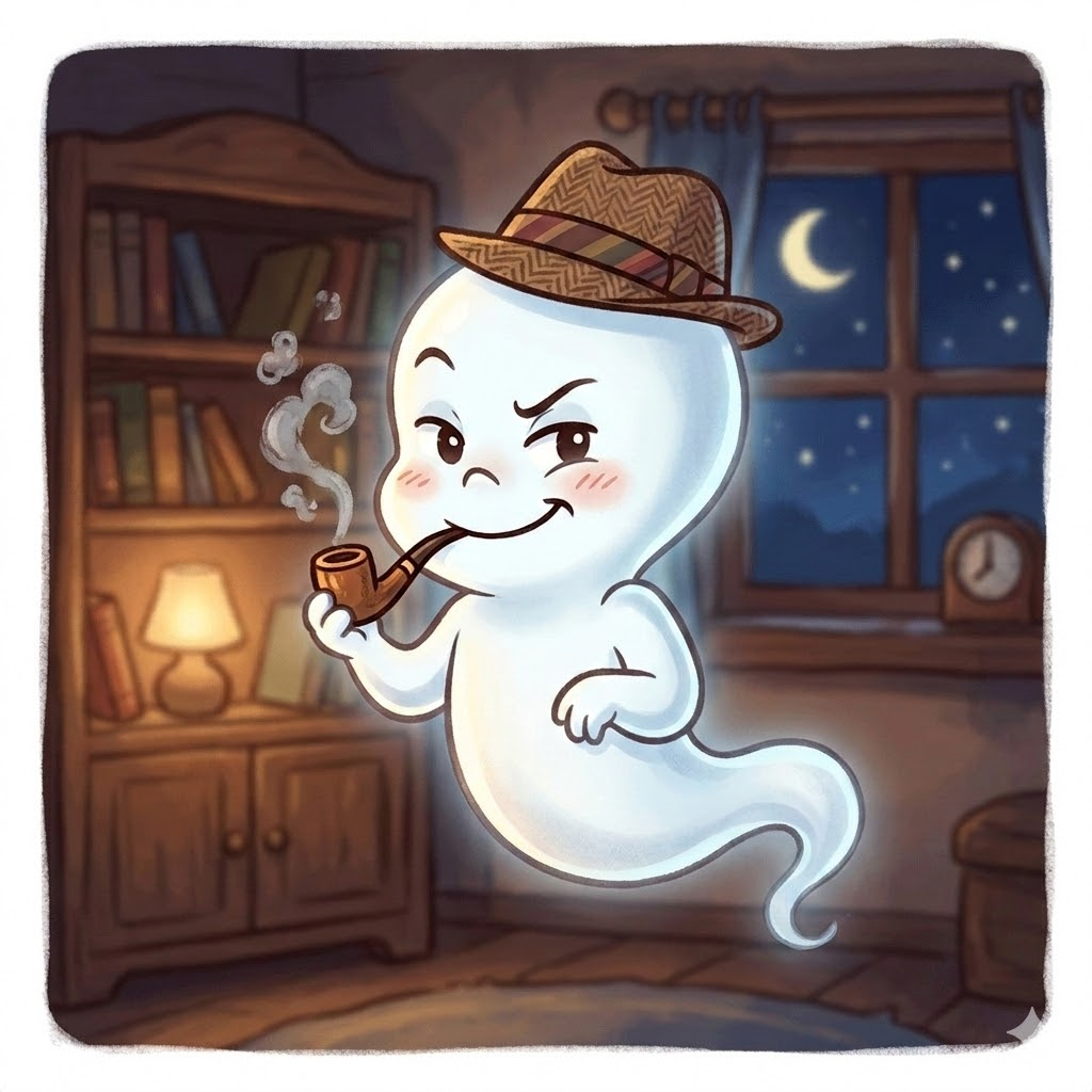 an image showing a cute, young ghost-like image with a hate, smoking a pipe