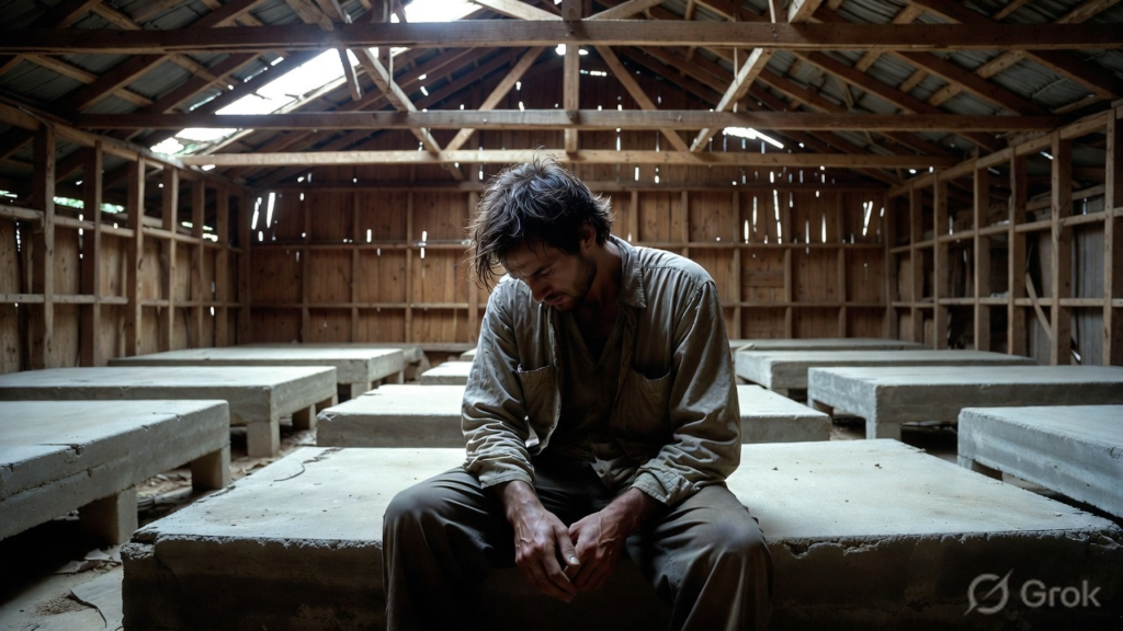 a man who looks tired is seated on a concrete bench inside a woodhouse