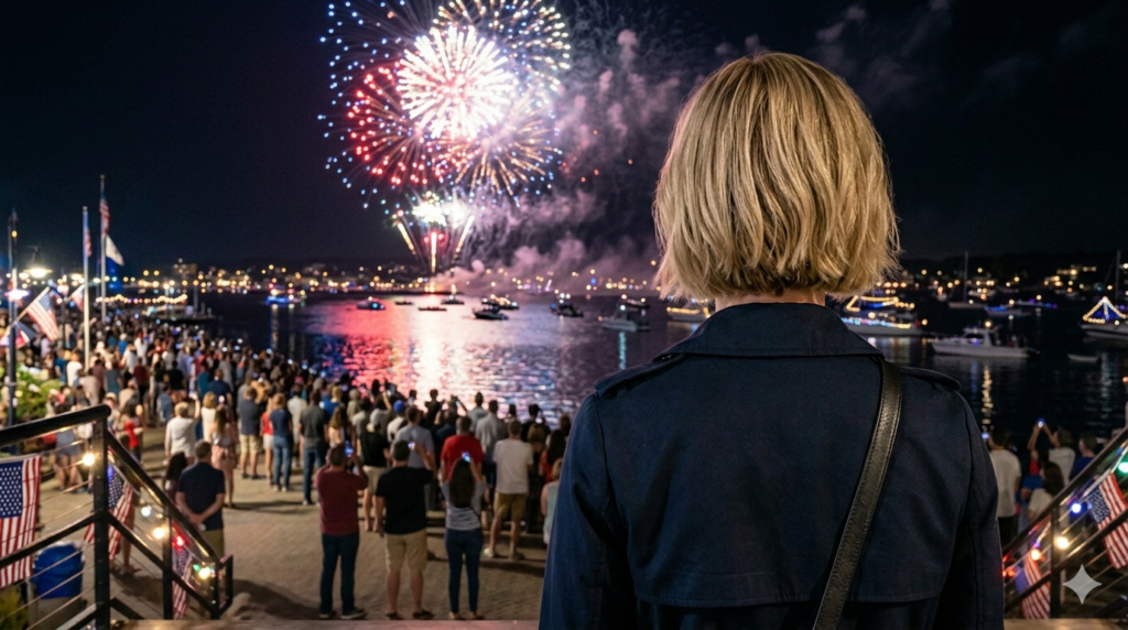a blonde-haired woman looking at the 4th of July firworks at Manchester Bay