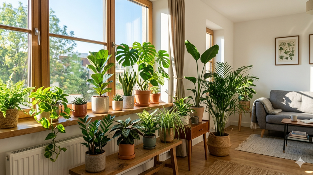 a clean living room with many houseplants beside a window through which broight sunlight enters the room