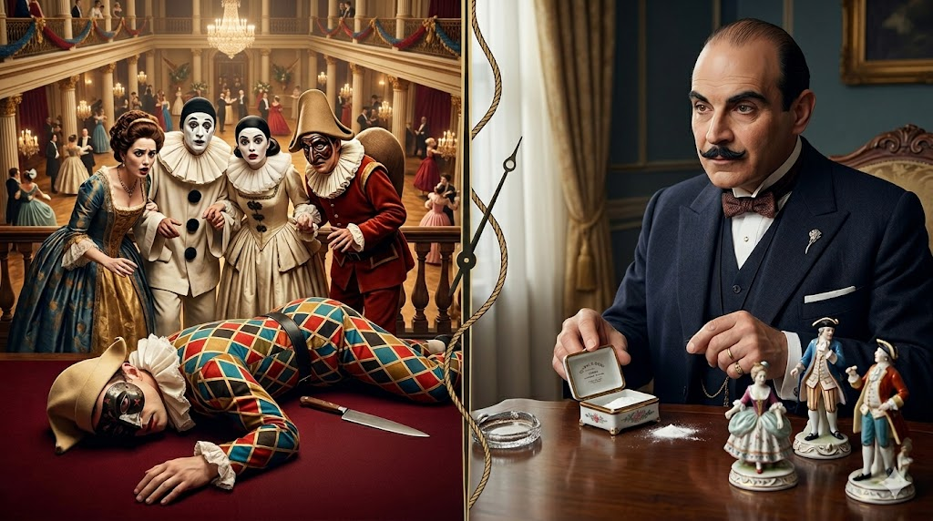 on the left half of the image, a group of freiends dressed in costumes look a dead body, and on the right half of the image, Hercule Poirot is seated