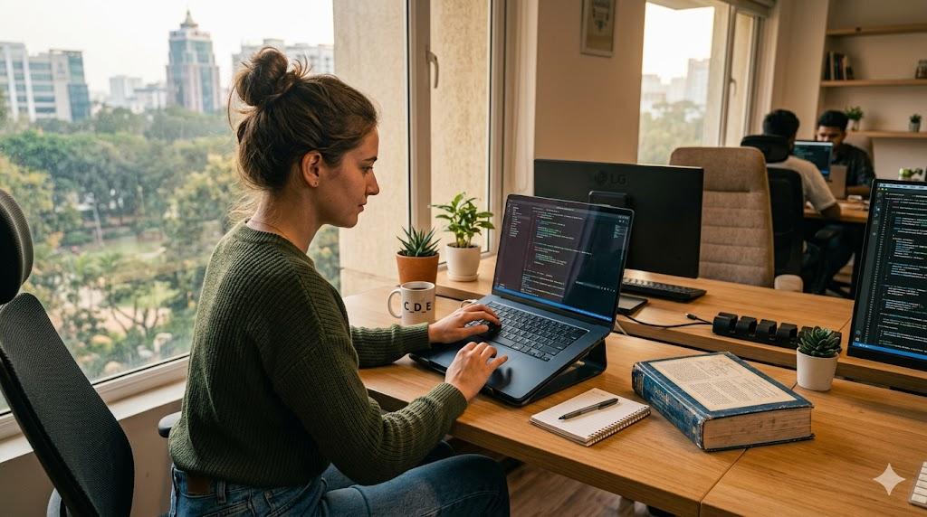 a young woman sitting at a desk, writing a program on her laptop
