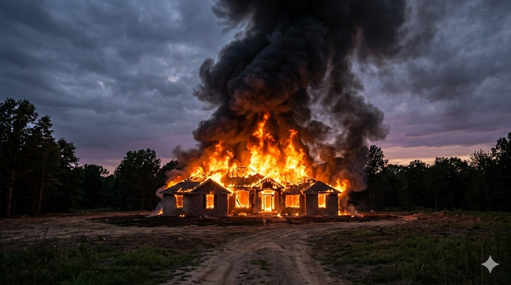 a house that is on fire in the evening hours