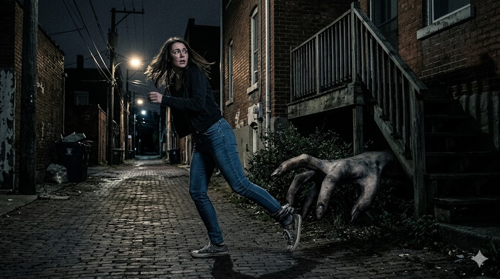 a woman running away from a paranormal hand trying to pull her back