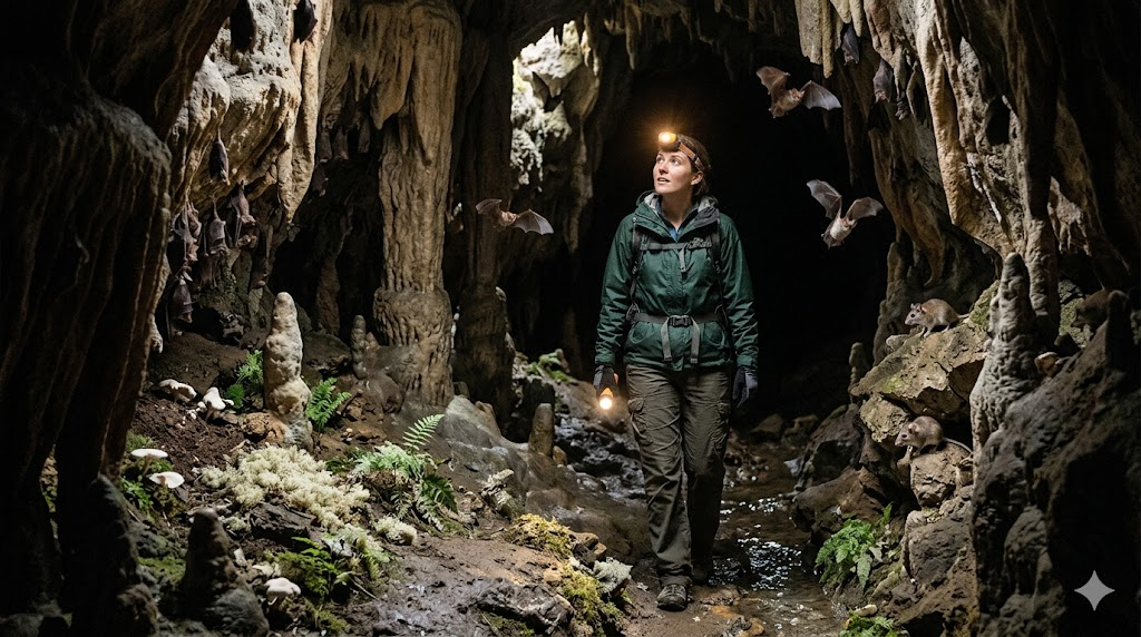 a young woman walking inside a tunnel, looking for something in the dark