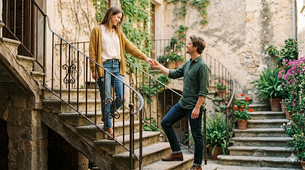 a man standing at the bottom of a staircase, holding the hand of a woman who stands a few steps above, both of them facing each other, smiling