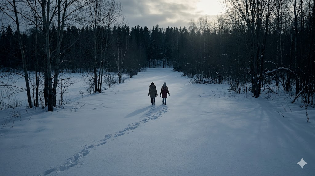 two young girls walking across a snow-covered land