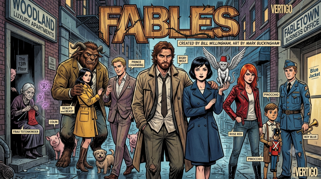 Fables comic book characters Bigby, Snow White, Rose Red, Prince Charming, and others standing next to one another