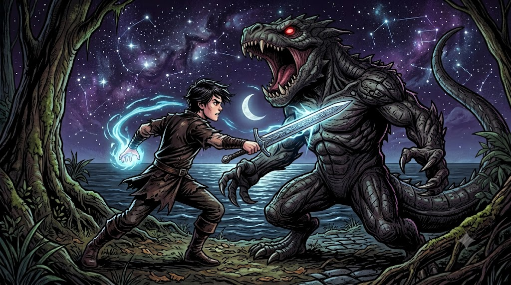 an adolescent boy fighting a monster using his sword