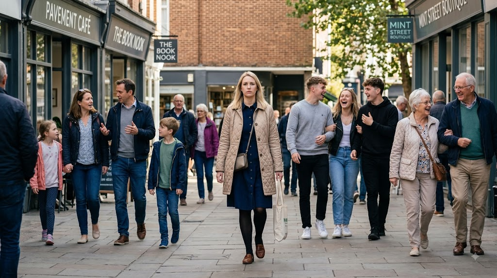 a white, blonde, lonely woman in her late 20s is walking on the pavement all by herself, surrounded by people who seem lively and chatty