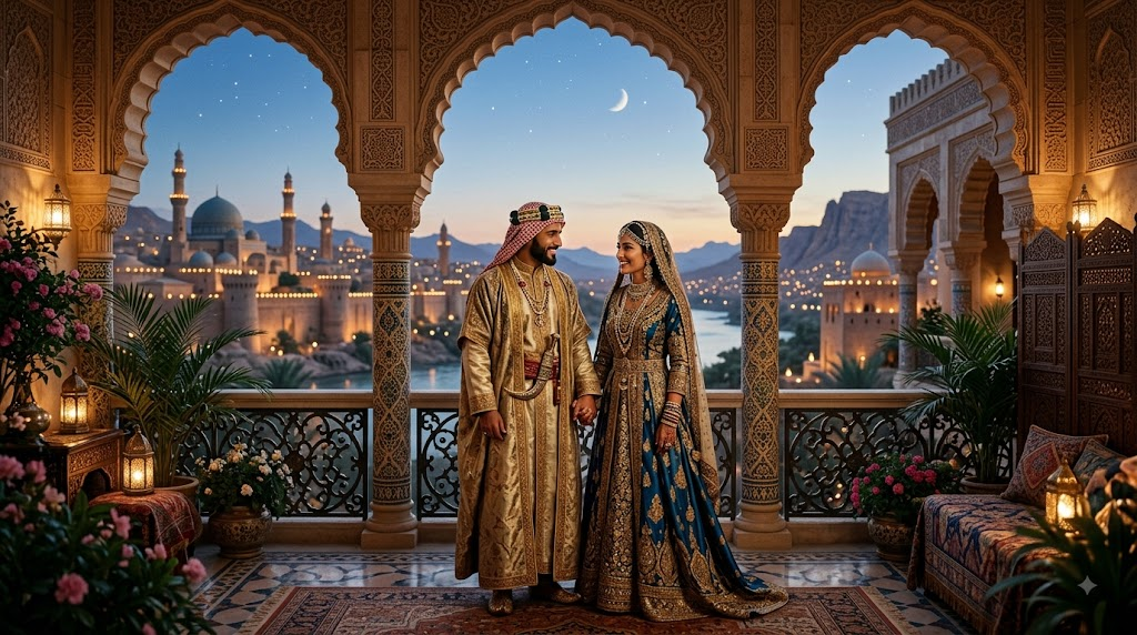 The Lion's Tusk by Robert Jackson Bennett: A Fast-Paced Fantasy Novella A groom and a bride of royal ethnicity hold each other's hands, standing in a balcony of a palace
